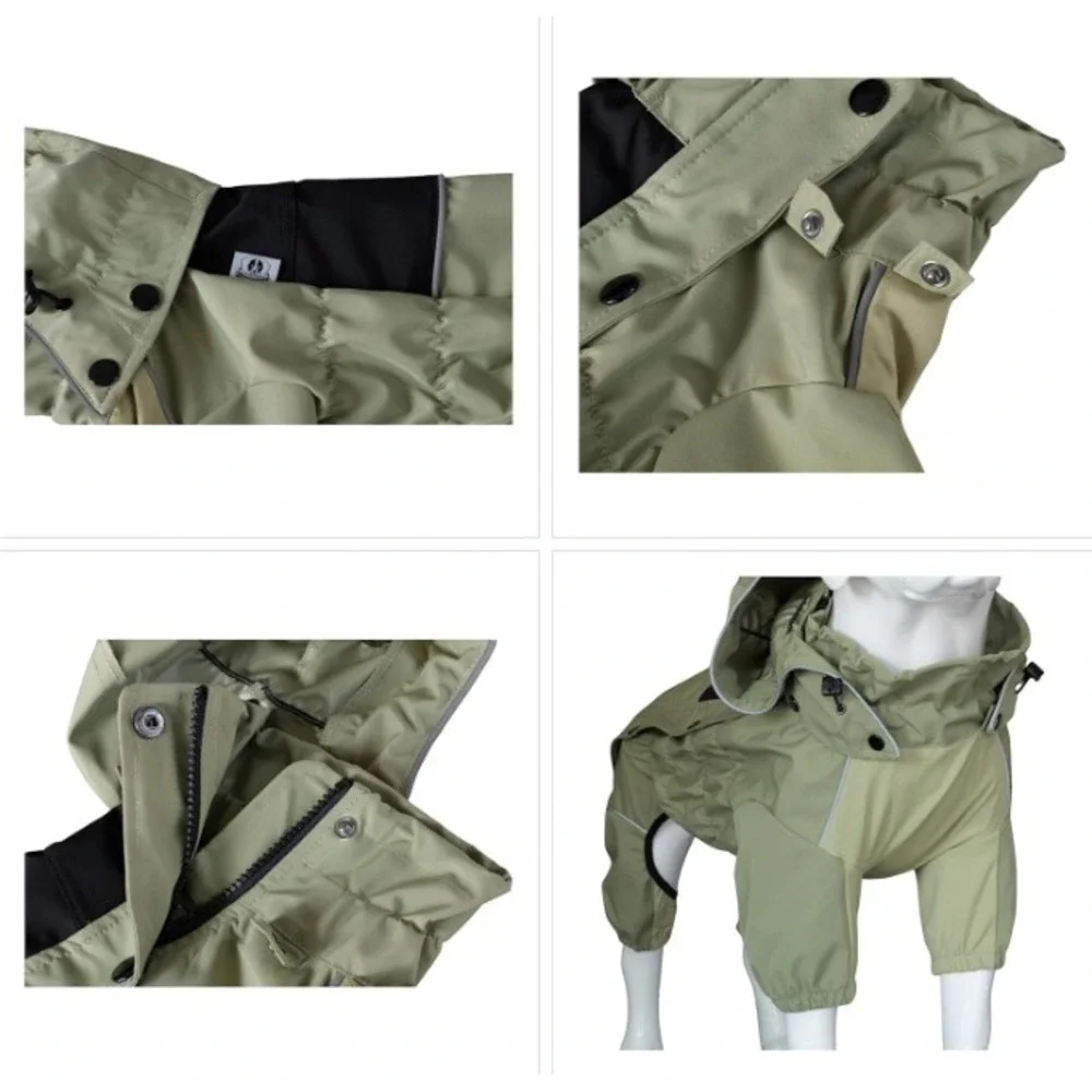 Waterproof Dog Raincoat Jacket XXL Sage Green Reflective Detachable Hood